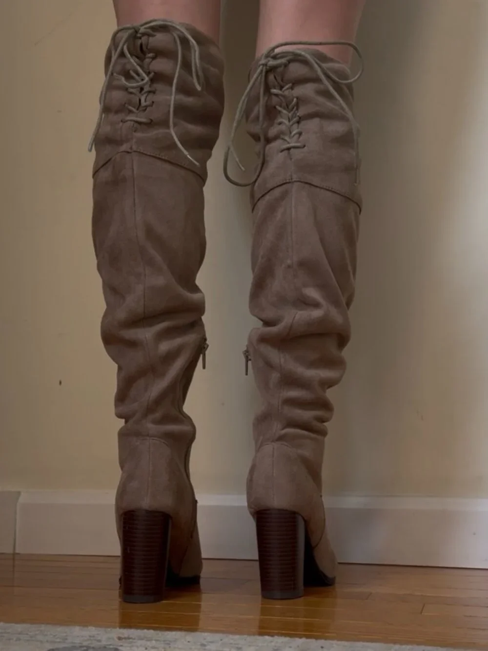 Taupe Slouch Knee-High Block Heel Boots
